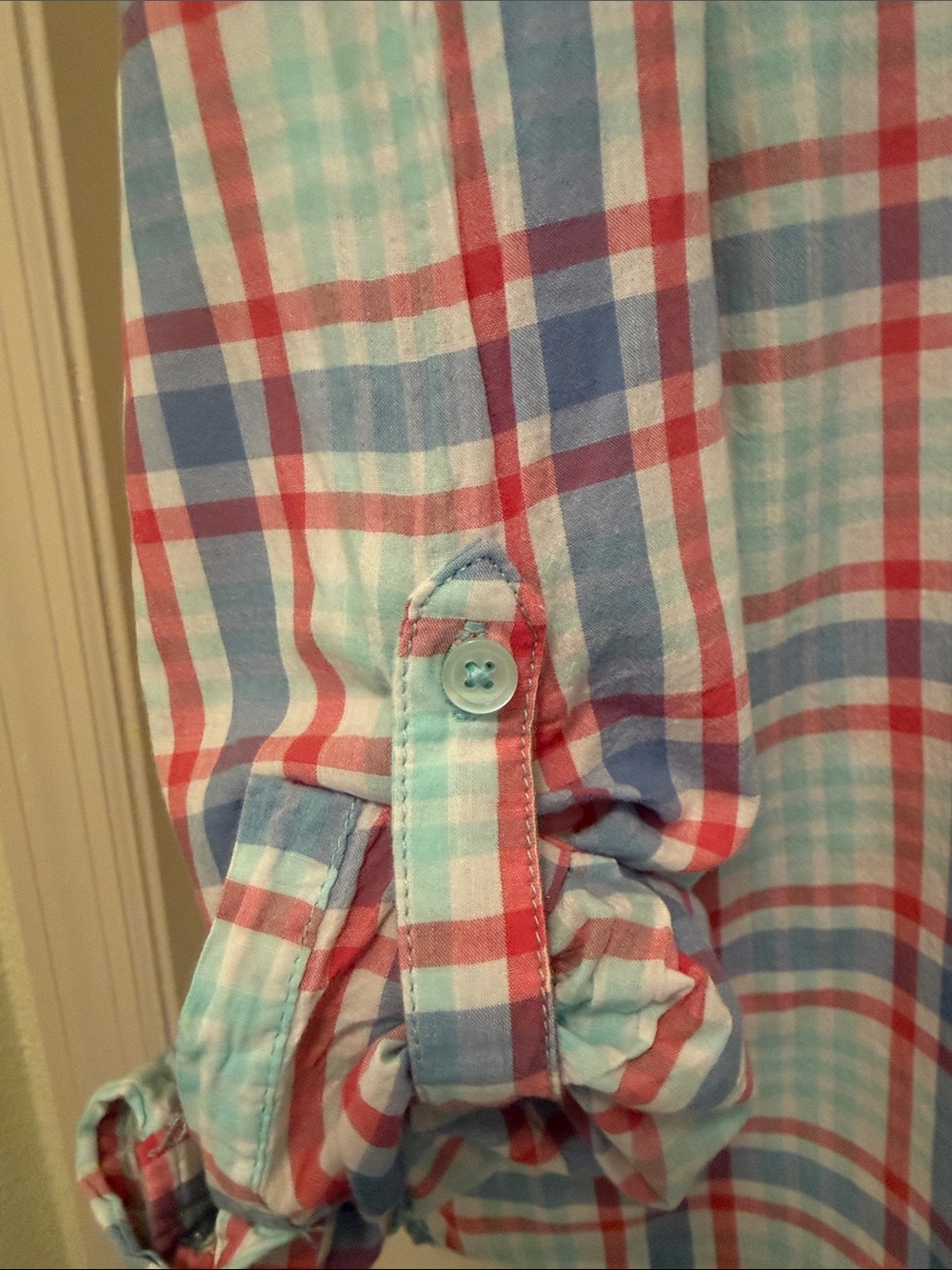 Faded Glory Plaid Henley Top in Light Blue and Pink - Picture 3 of 3